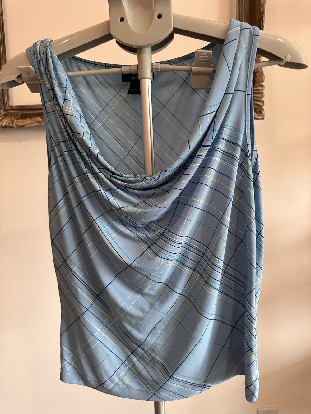 Express One-Shoulder Light Blue Plaid Cowl Neck Dress